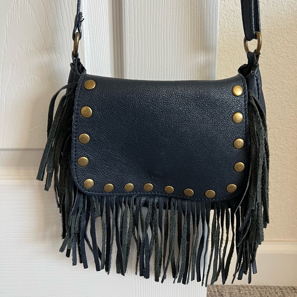 Borse in Pelle Genuine Italian Leather Navy Blue Fringe Boho Crossbody - Picture 2 of 9